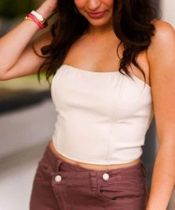 Blue Blush Off White Faux Leather Lace Up Tube Top Women's Clothing