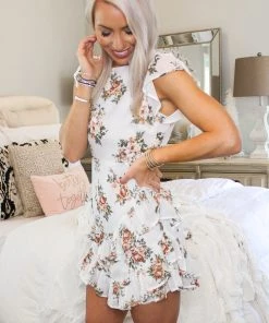 HYFVE Off White Floral Open Back Ruffle Mini Dress Women's Clothing