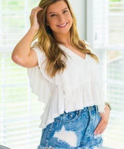 Newbury Kustom Women's Clothing Off White Open Back Ruffle Blouse