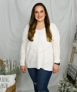 Ces Femme Women's Clothing Off White Oversized V-Neck Sweater