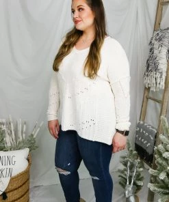 Ces Femme Women's Clothing Off White Oversized V-Neck Sweater