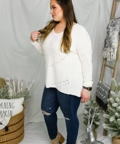 Ces Femme Women's Clothing Off White Oversized V-Neck Sweater