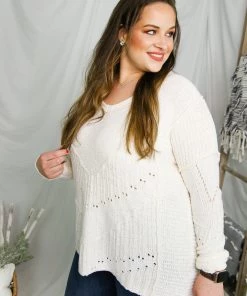 Ces Femme Women's Clothing Off White Oversized V-Neck Sweater