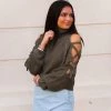 HYFVE Women's Clothing Olive Green Lace Up Shoulder Knit Sweater