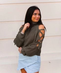 HYFVE Women's Clothing Olive Green Lace Up Shoulder Knit Sweater