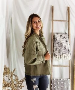 Newbury Kustom Women's Clothing Olive Green Star Patch Jacket