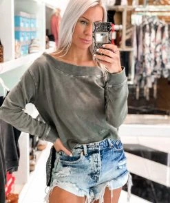 Mono B Women's Clothing Olive Off The Shoulder Mineral Wash Pullover