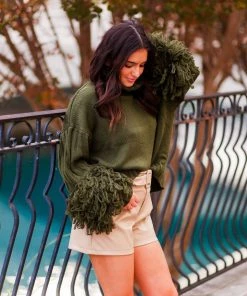 Blue B Olive Turtle Neck Sweater With Fringe Arms Women's Clothing