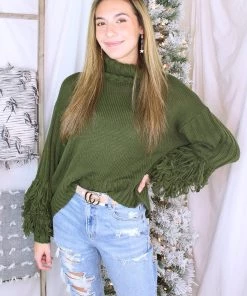Blue B Olive Turtle Neck Sweater With Fringe Arms Women's Clothing