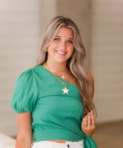 Glam One Shoulder Kelly Green Tie Blouse Women's Clothing