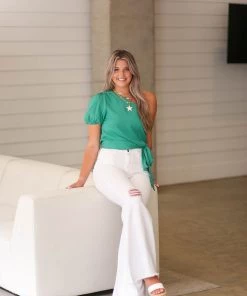 Glam One Shoulder Kelly Green Tie Blouse Women's Clothing