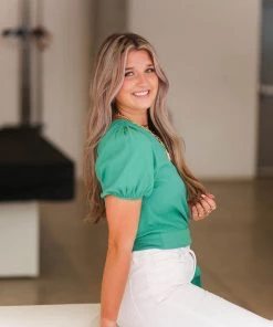 Glam One Shoulder Kelly Green Tie Blouse Women's Clothing