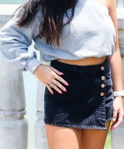 Peach Love California Women's Clothing Black Asymmetrical Denim Skort