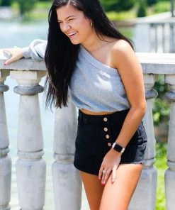 Peach Love California Women's Clothing Black Asymmetrical Denim Skort