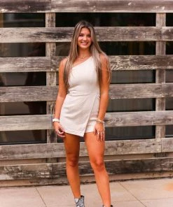 Do + Be One Shoulder Taupe Croc Pattern Romper Women's Clothing