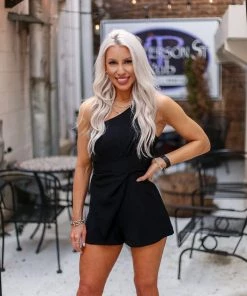 Do + Be One Shoulder Twist Detail Black Romper - RESTOCK Women's Clothing