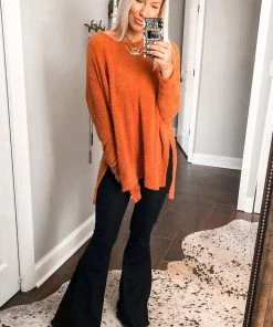Cherish Women's Clothing Orange Fuzzy Eyelash Knit Sweater