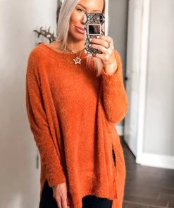 Cherish Women's Clothing Orange Fuzzy Eyelash Knit Sweater