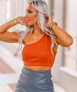 Le Lis Orange One Shoulder Cropped Tank Women's Clothing