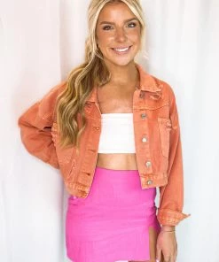 Veveret Orange Rhinestone Fringe Denim Jacket Women's Clothing