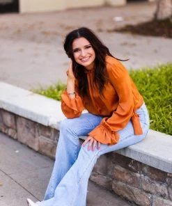 Glam Women's Clothing Orange Satin Front Tie Long Sleeve Blouse