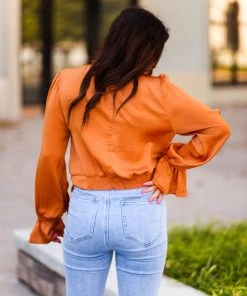 Glam Women's Clothing Orange Satin Front Tie Long Sleeve Blouse