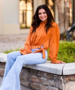 Glam Women's Clothing Orange Satin Front Tie Long Sleeve Blouse