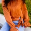 Glam Women's Clothing Orange Satin Front Tie Long Sleeve Blouse