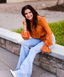 Glam Women's Clothing Orange Satin Front Tie Long Sleeve Blouse