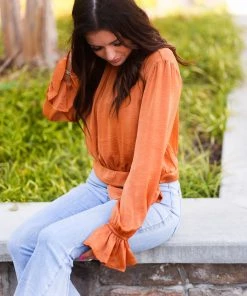 Glam Women's Clothing Orange Satin Front Tie Long Sleeve Blouse