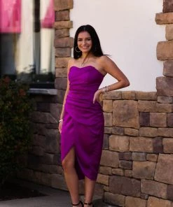 Do + Be Women's Clothing Orchid Purple Strapless Silk Midi Dress