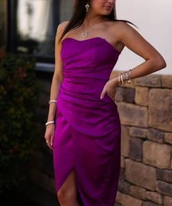 Do + Be Women's Clothing Orchid Purple Strapless Silk Midi Dress