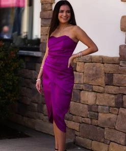 Do + Be Women's Clothing Orchid Purple Strapless Silk Midi Dress