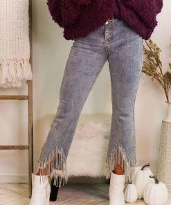 Blue B Palmer Blue Rhinestone Fringe Flare Jeans Women's Clothing