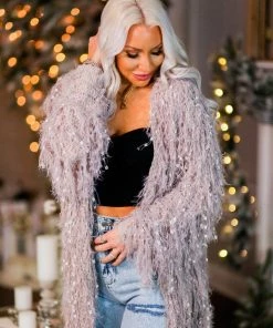 HYFVE Party Girl Mauve Textured Fringe Jacket Women's Clothing
