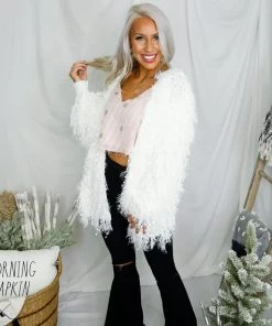 HYFVE Party Girl White Textured Fringe Jacket Women's Clothing