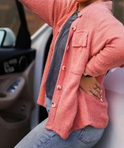 Blue Blush Peach Ribbed Button Down Shacket Women's Clothing