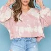 Peach Love California Pink Acid Wash V-Neck Pullover Women's Clothing