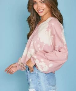 Peach Love California Pink Acid Wash V-Neck Pullover Women's Clothing