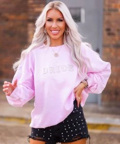 Vintage Distressed Women's Clothing Pink Bride Pearl Letter Crewneck