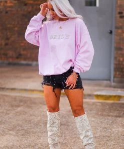 Vintage Distressed Women's Clothing Pink Bride Pearl Letter Crewneck