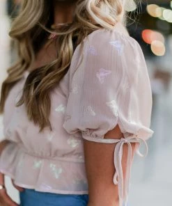 Le Lis Women's Clothing Pink Butterfly Puff Sleeve Blouse