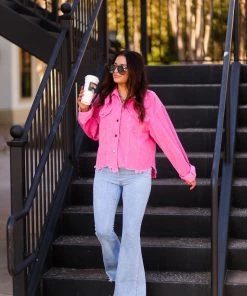 POL Pink Corduroy Distressed Hem Jacket Women's Clothing