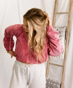 Allie Rose Pink Corduroy Zip Up Jacket Women's Clothing