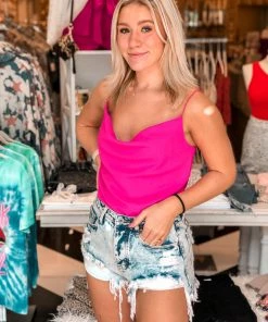 Timing Hot Pink Cowl Neck Spaghetti Strap Silky Tank Top