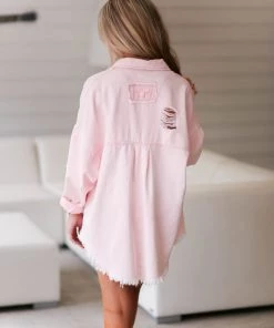 POL Women's Clothing Pink Distressed Denim Shacket