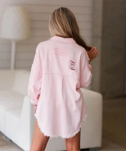 POL Women's Clothing Pink Distressed Denim Shacket