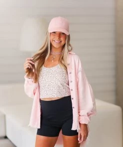 POL Women's Clothing Pink Distressed Denim Shacket