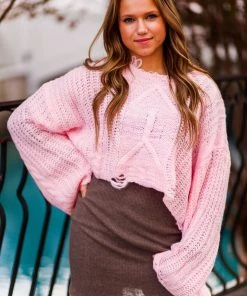 Cloud Ten Pink Distressed Wide Neck Sweater