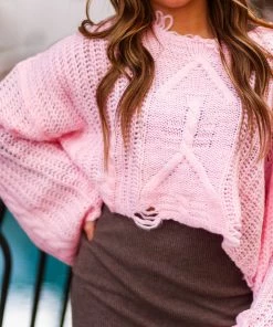 Cloud Ten Pink Distressed Wide Neck Sweater